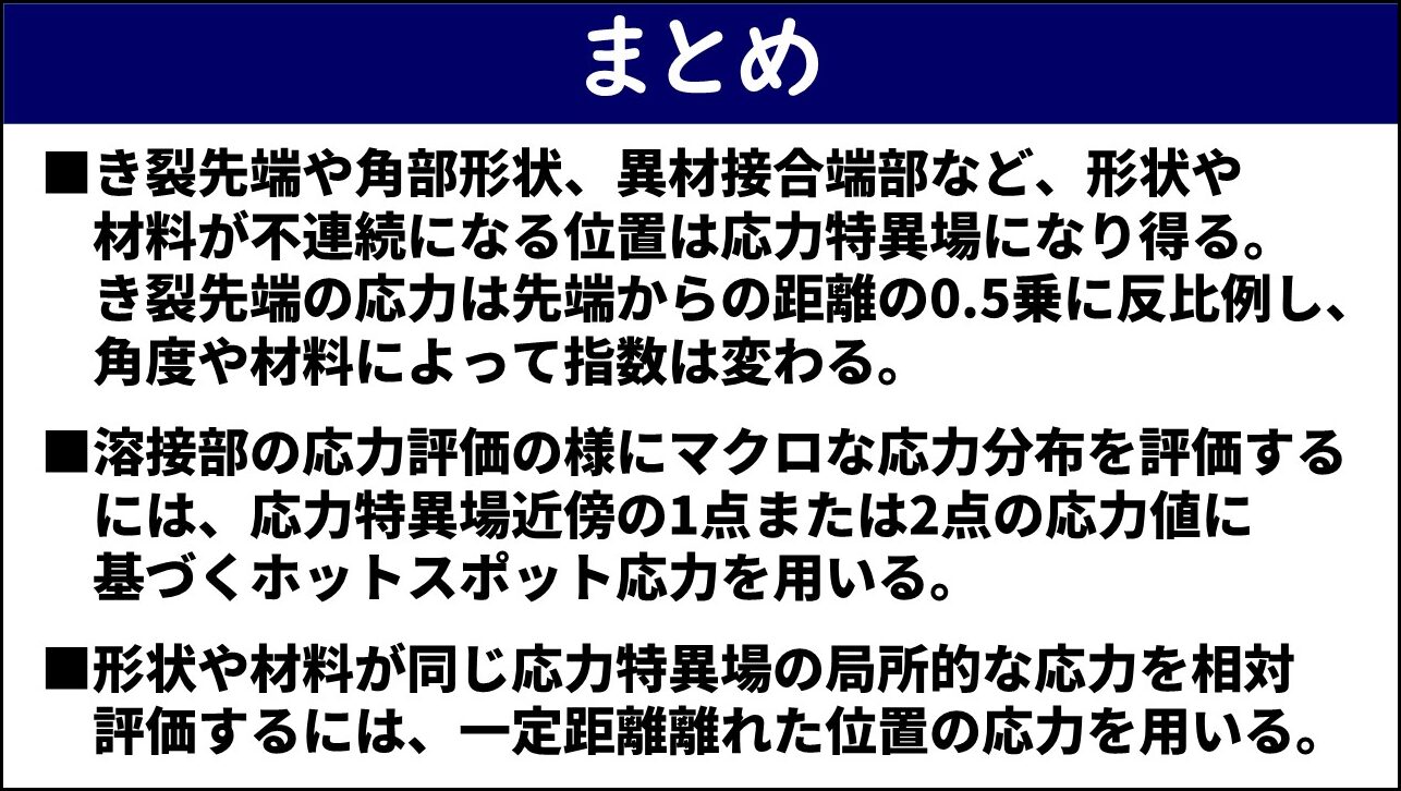 「まとめ」と題したスライド。①き裂先端や角部形状・異材接合端部など形状や材料が不連続になる位置は応力特異場になり得る、②溶接部の応力評価のようにマクロな応力分布を評価するには応力特異場近傍の1点または2点の応力値に基づくホットスポット応力を用いる、③形状や材料が同じ応力特異場の局所的な応力を相対評価するには一定距離離れた位置の応力を用いる、の3点が赤枠なしで記載されている。