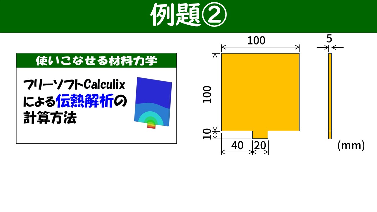 2種類の例題形状：例題①は100×10×10mmの単純な直方体の梁、例題②は下部に10mm突き出た突起がある複雑形状