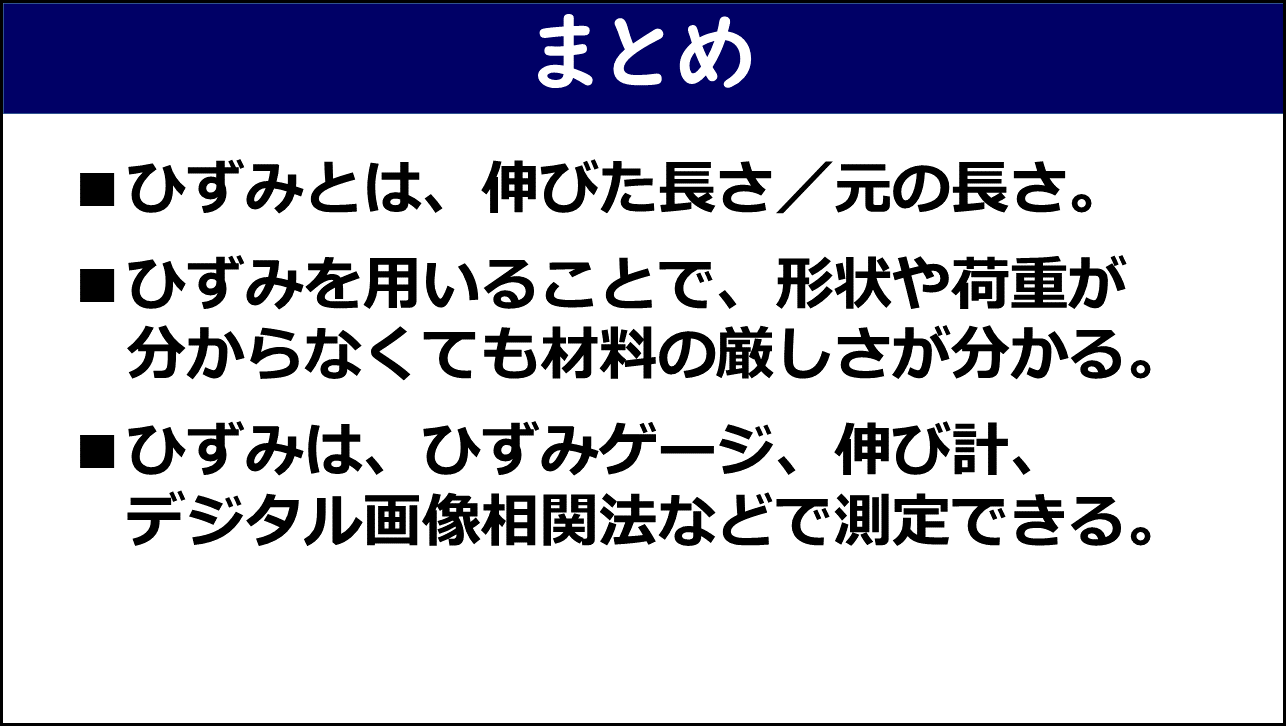 「まとめ」と題したスライド。①ひずみとは伸びた長さ／元の長さ、②ひずみを用いることで形状や荷重が分からなくても材料の厳しさが分かる、③ひずみはひずみゲージ・伸び計・デジタル画像相関法などで測定できる、の3点が赤枠なしで記載されている。