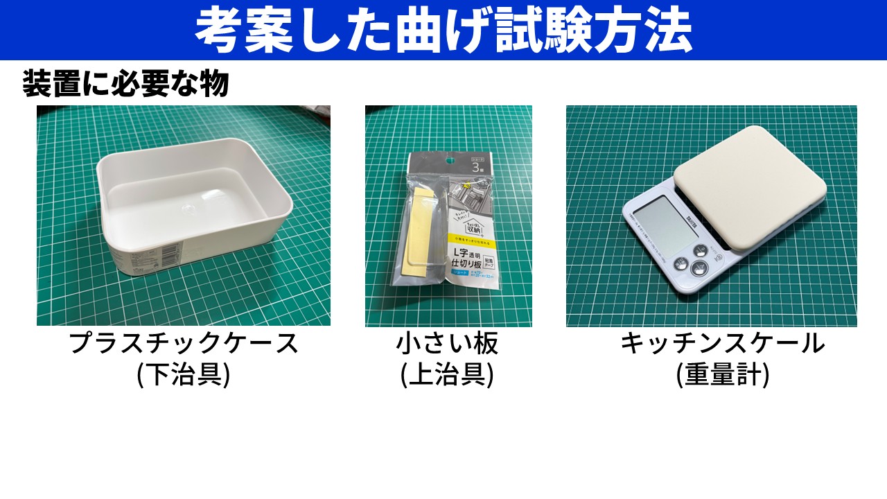 100円ショップで購入したプラスチックケース（下治具）とL字型の小さい板（上治具）、台所のキッチンスケールの3点セットを示すスライド。「これら3つの物があれば試験ができます」と記載。