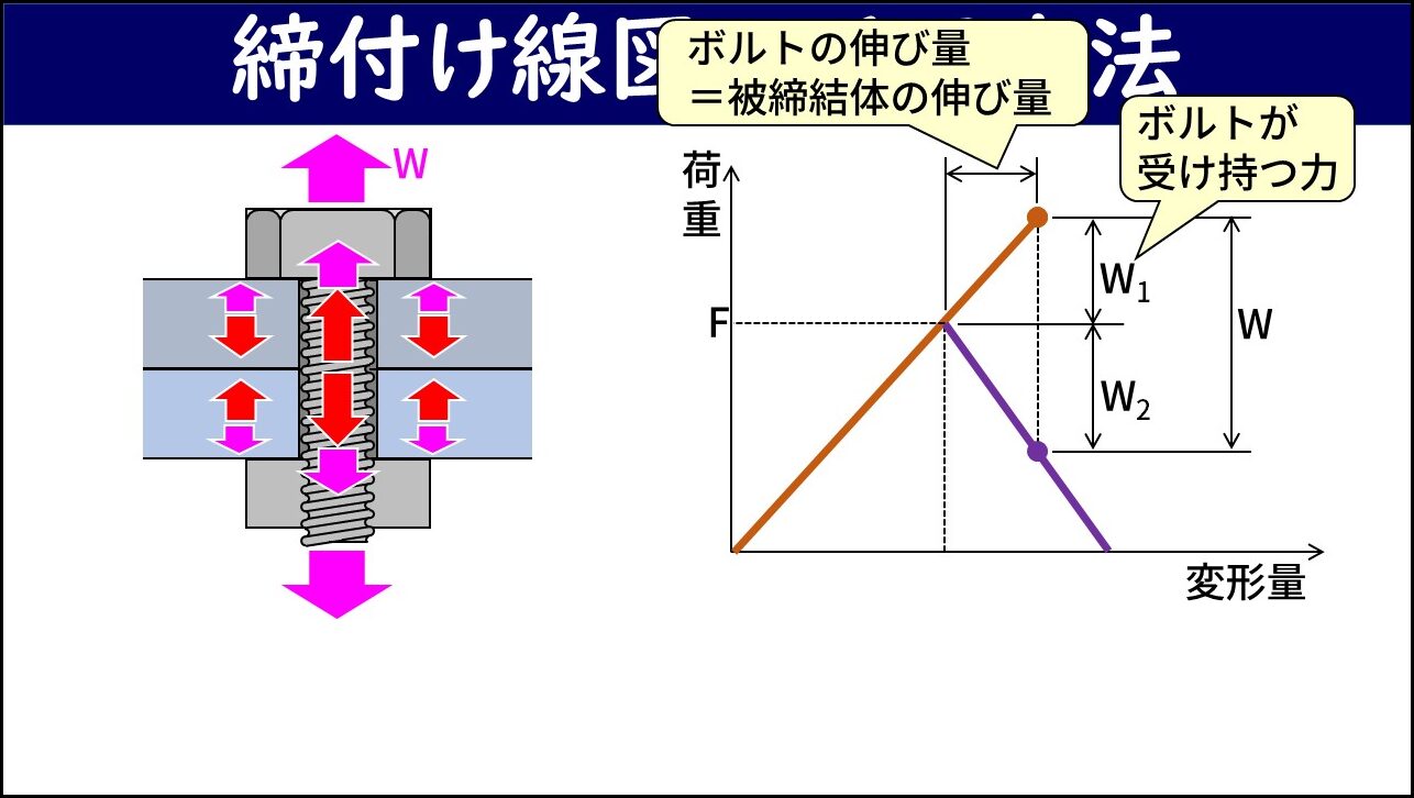 「締付け線図の活用方法」と題したスライド。左側にボルト締結部の断面図に外部荷重W（上下方向のピンク矢印）が加わった状態が示されている。右側の荷重-変形量グラフには、ボルトの荷重-変位（オレンジ線）と被締結体の荷重-変位（紫線）が描かれ、外部荷重Wがボルトの受け持つ力W1と被締結体の受け持つ力W2に分担されることが示されている。「ボルトの伸び量＝被締結体の伸び量」との注釈がある。