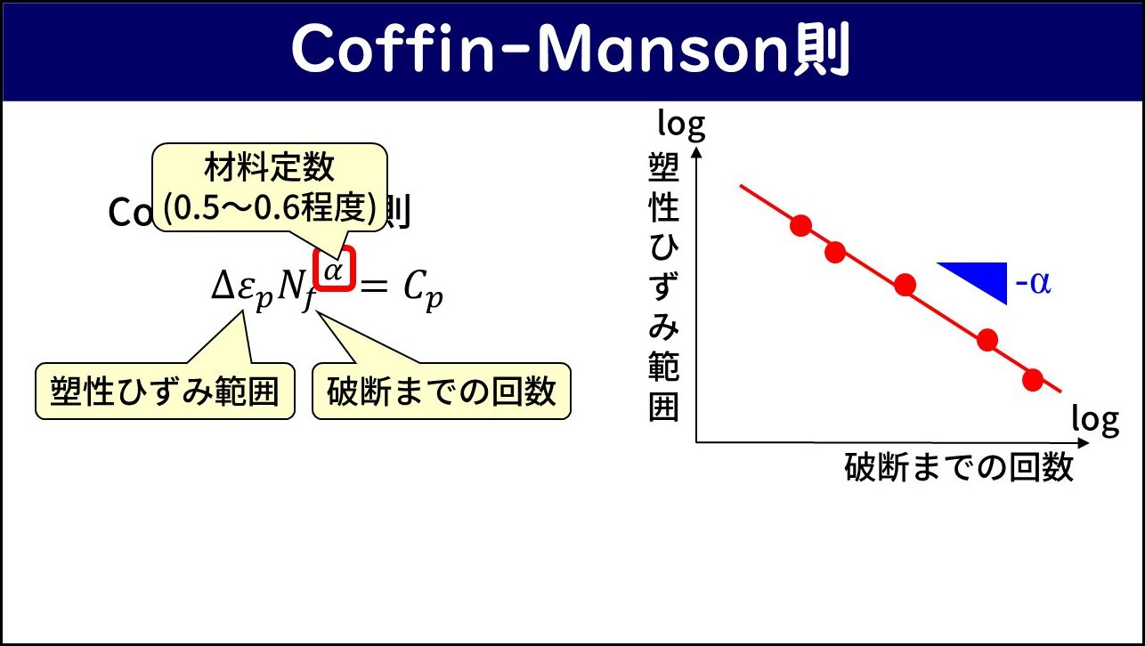 「Coffin-Manson則」と題したスライド。左側に塑性ひずみ範囲と破断までの回数のα乗の積が材料定数Cpに等しいというCoffin-Manson則の式が示されており、αは赤枠で囲まれ「材料定数（0.5〜0.6程度）」と注釈されている。右側に塑性ひずみ範囲（縦軸）対破断までの回数（横軸）の両対数グラフが描かれ、傾きがマイナスαの直線上にデータ点が並んでいる。