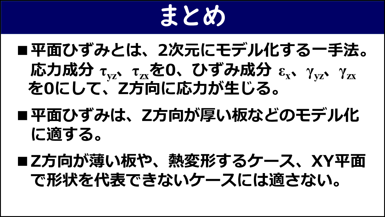 「まとめ」と題したスライド。①平面ひずみとは2次元にモデル化する一手法で応力成分τyz・τzxを0・ひずみ成分εz・γyz・γzxを0にしてZ方向に応力が生じる、②平面ひずみはZ方向が厚い板などのモデル化に適する、③Z方向が薄い板や熱変形するケース・XY平面で形状を代表できないケースには適さない、の3点が赤枠なしで記載されている。
