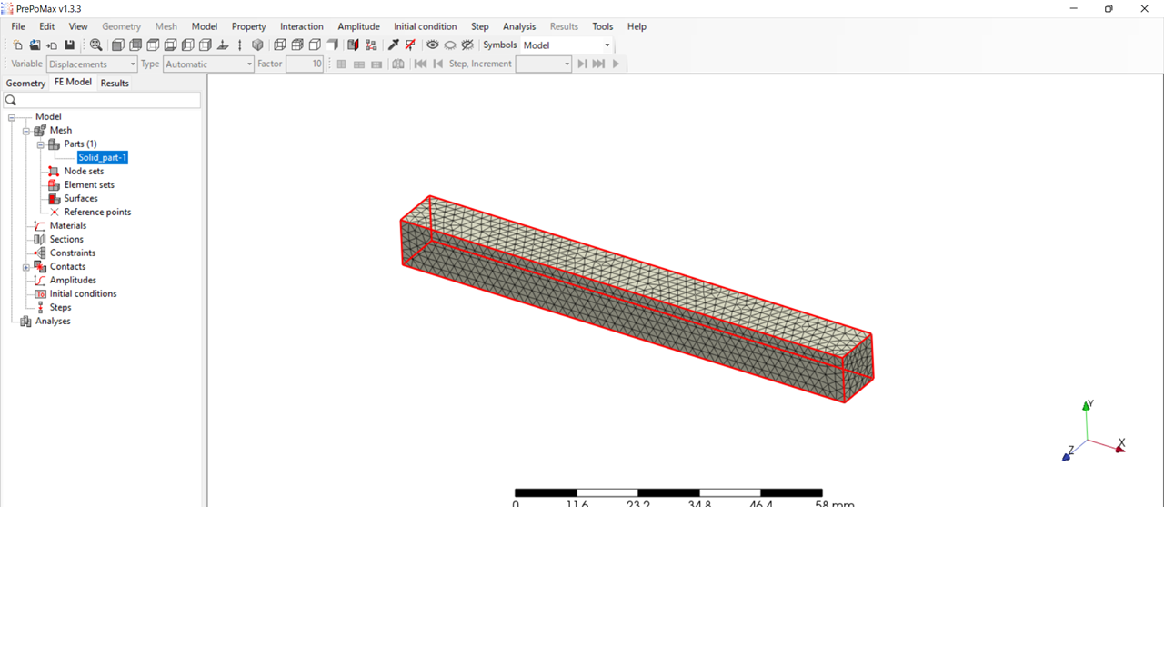 PrePoMaxで要素分割（メッシュ）が完了した片持ち梁の3Dモデル