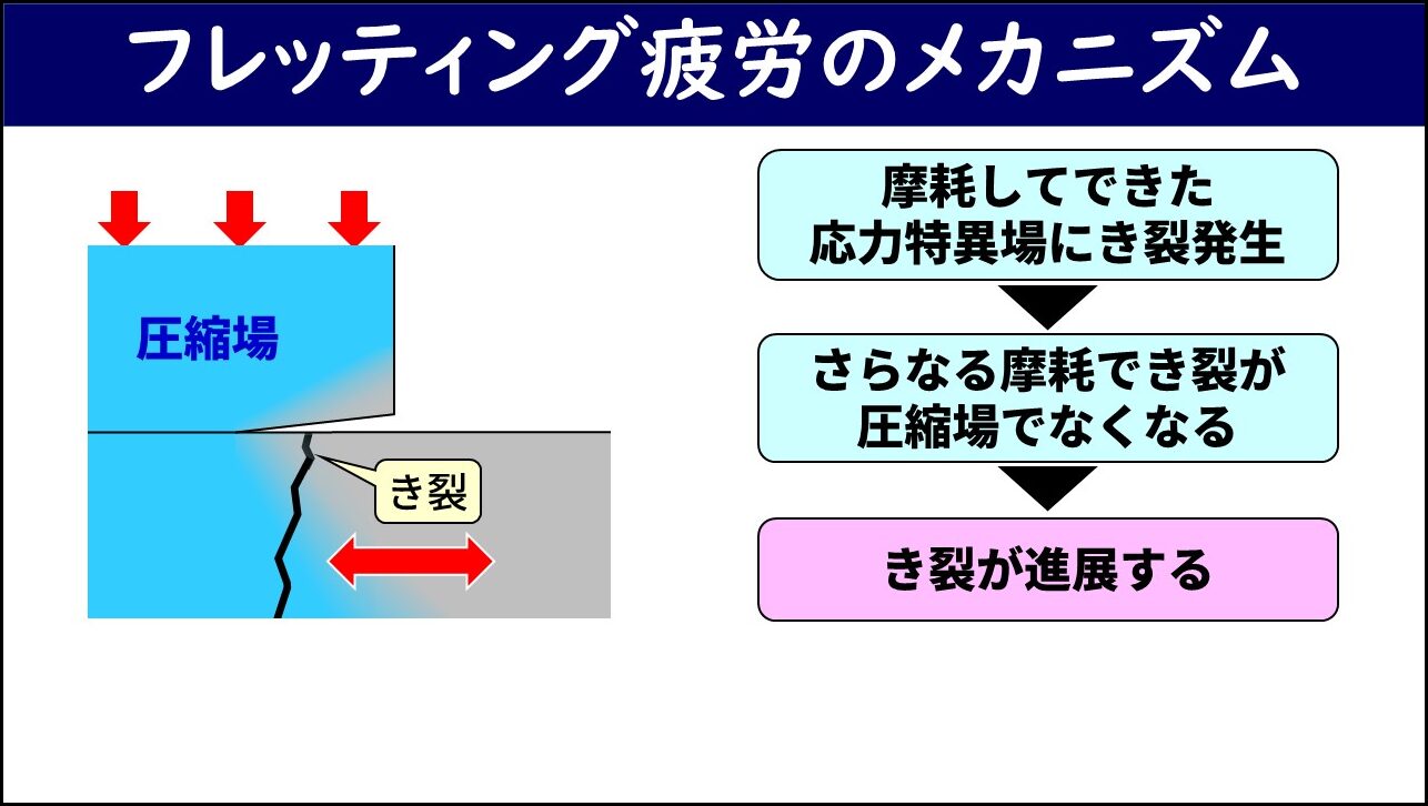 「フレッチング疲労のメカニズム」と題したスライド。左側に接触部の断面図が描かれており、上側の部材が圧縮場（青色）を形成し、接触端部に摩耗痕とき裂が示されている。右側に「摩耗してできた応力特異場にき裂発生」→「さらなる摩耗でき裂が圧縮場でなくなる」→「き裂が進展する」の3段階フロー図が記載されている。