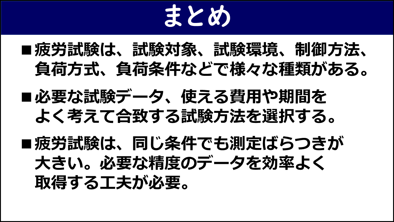 「まとめ」と題したスライド。①疲労試験は試験対象・試験環境・制御方法・負荷方式・負荷条件などで様々な種類がある、②必要な試験データ・使える費用や期間をよく考えて合致する試験方法を選択する、③疲労試験は同じ条件でも測定ばらつきが大きく必要な精度のデータを効率よく取得する工夫が必要、の3点が赤枠なしで記載されている。