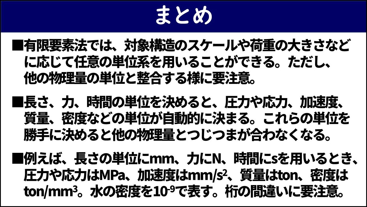 「まとめ」と題したスライド。①有限要素法では対象構造のスケールや荷重の大きさに応じて任意の単位系を用いることができるが他の物理量の単位と整合する様に要注意であること、②長さ・力・時間の単位を決めると圧力や応力・加速度・質量・密度などの単位が自動的に決まり勝手に決めると他の物理量とつじつまが合わなくなること、③mm・N・s系を用いるとき圧力・応力はMPa・加速度はmm/s²・質量はton・密度はton/mm³・水の密度は10⁻⁹であり桁の間違いに要注意であることの3点が記載されている。