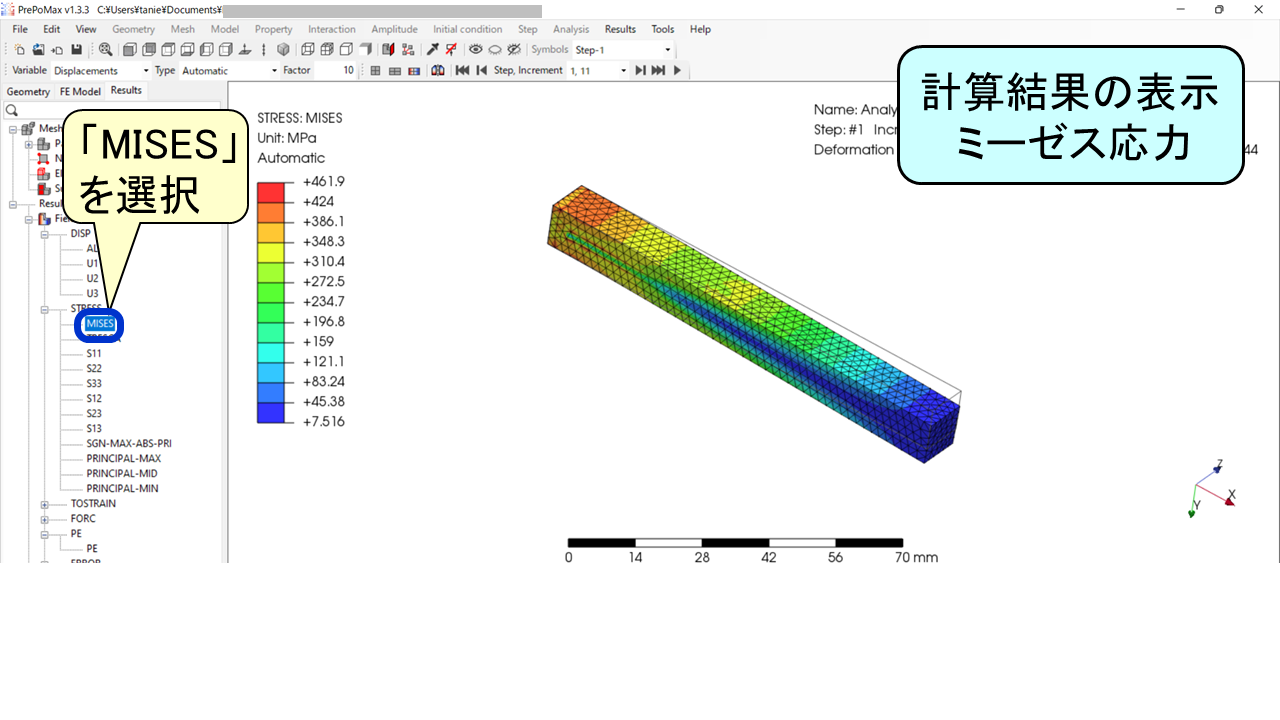 計算結果：ミーゼス応力の分布（最大461MPa、降伏応力300MPaを超えている）